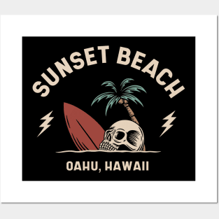 Vintage Surfing Sunset Beach Oahu Hawaii // Retro Surf Skull Posters and Art